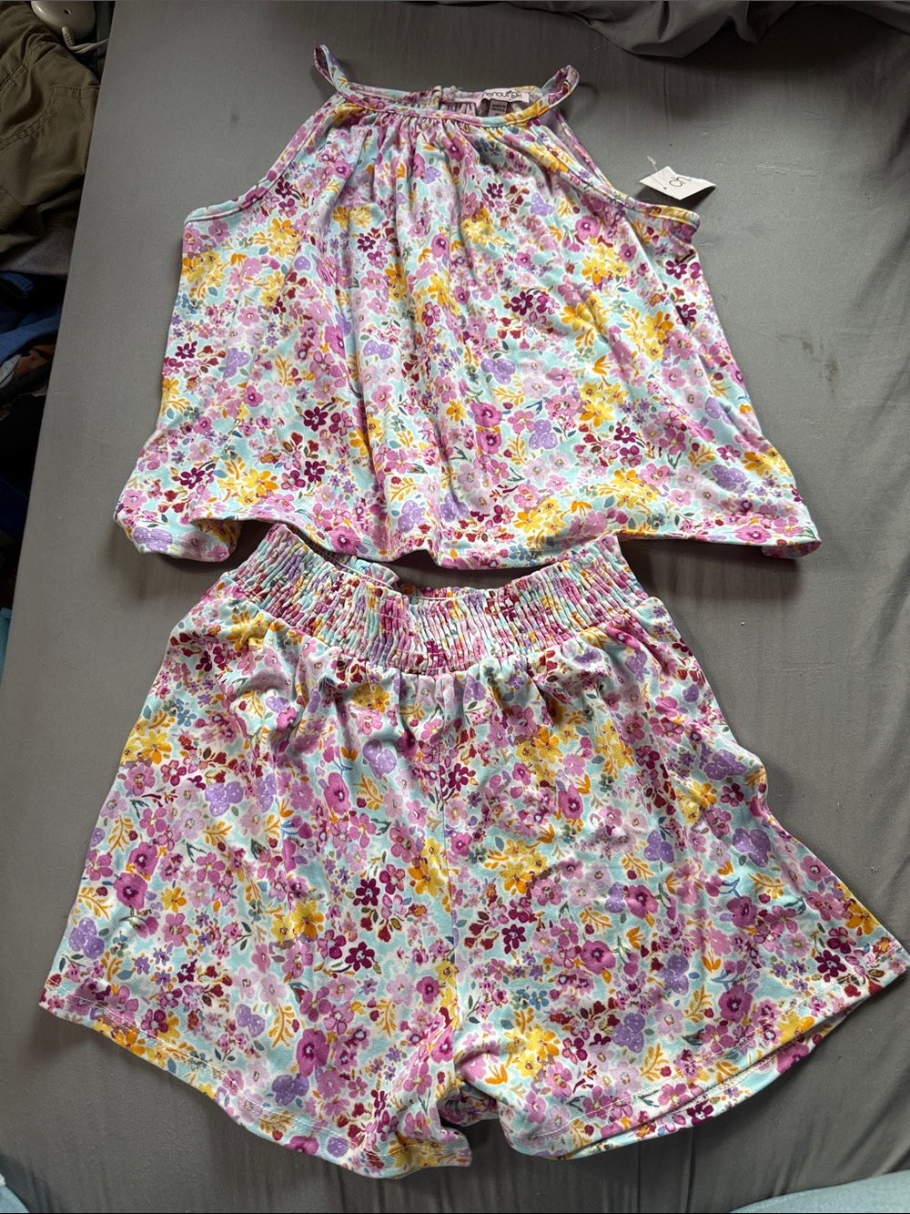 Chenault Girls Floral Halter Tank & Elastic-Waist Shorts - Pink, Yellow, Purple